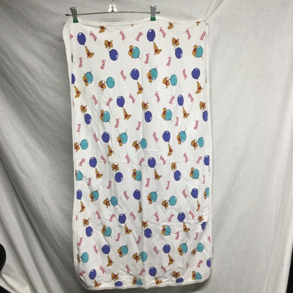 White Winnie the Pooh Baby Blanket with Blue Balloons Vintage - Picture 1 of 11